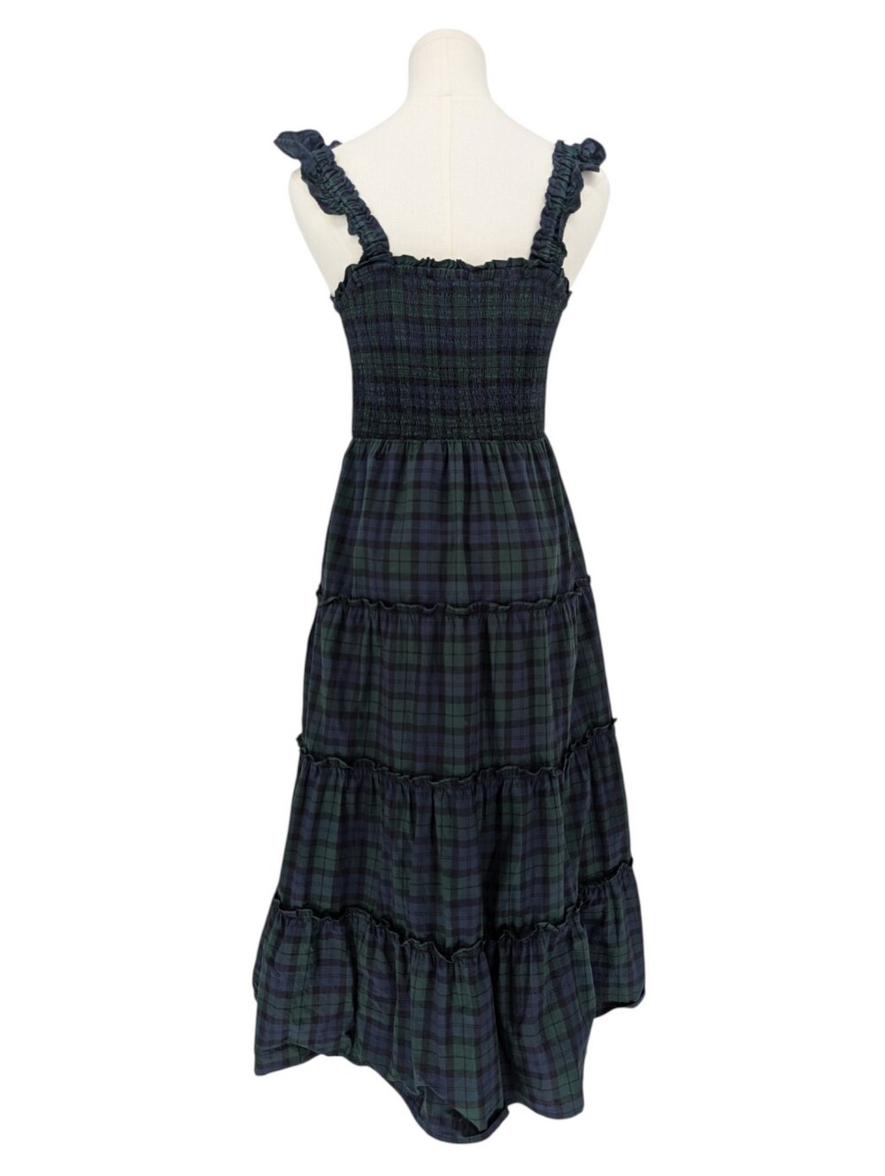 J.Crew Black Watch Tartan Tiered Sleeveless Midi Dress | Size XS | Green Navy - Picture 4 of 10